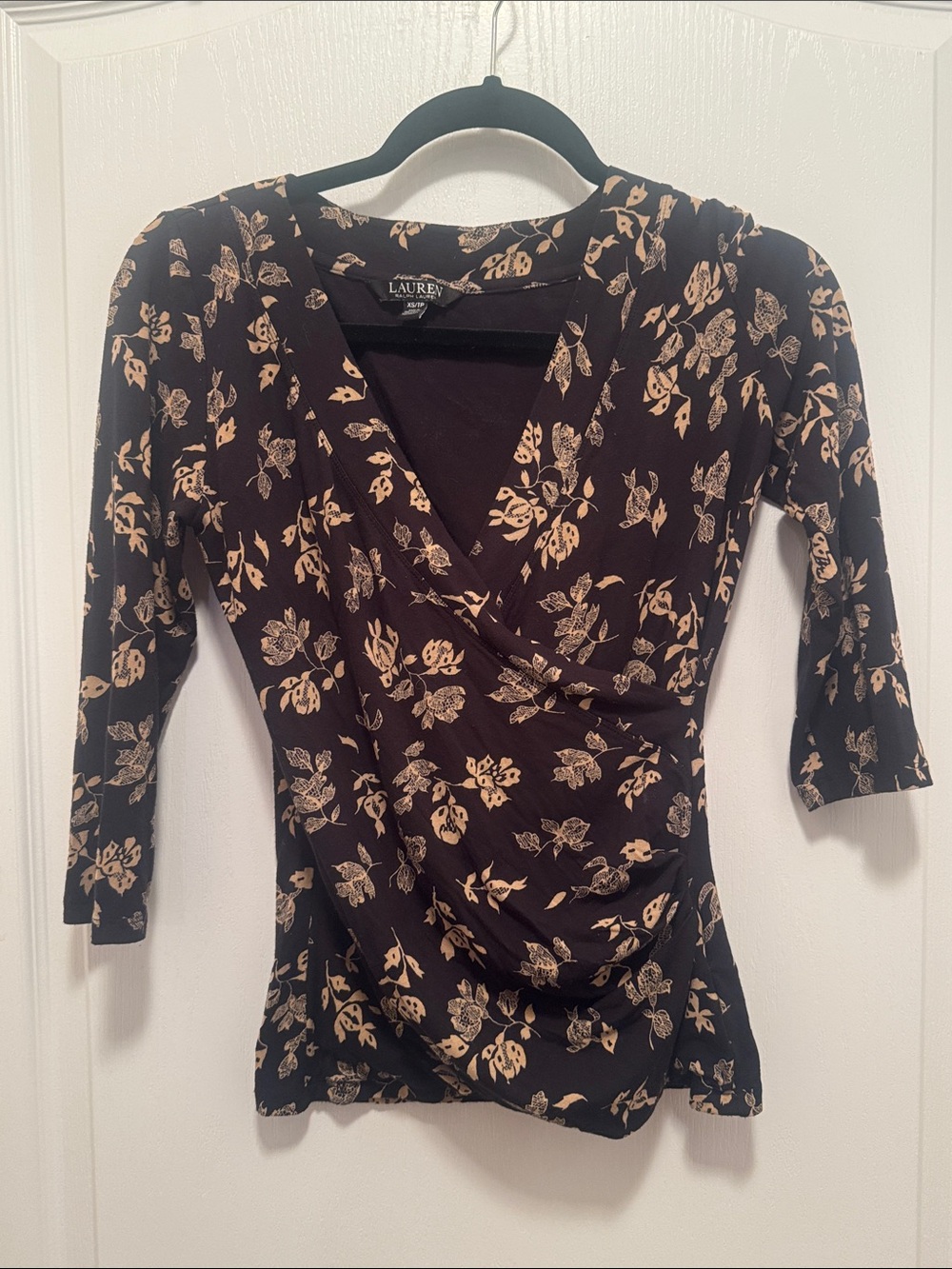 Lauren Ralph Lauren 3/4 Sleeve Black & Tan Floral Wrap Top - Women’s Size XS